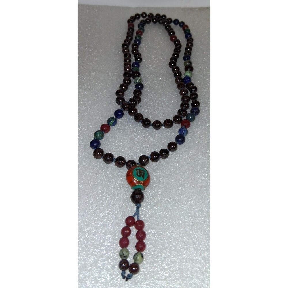 Fire of Love Third Eye Vision Mala! Garnet & Azurite Tibetan Om Prayer Bead